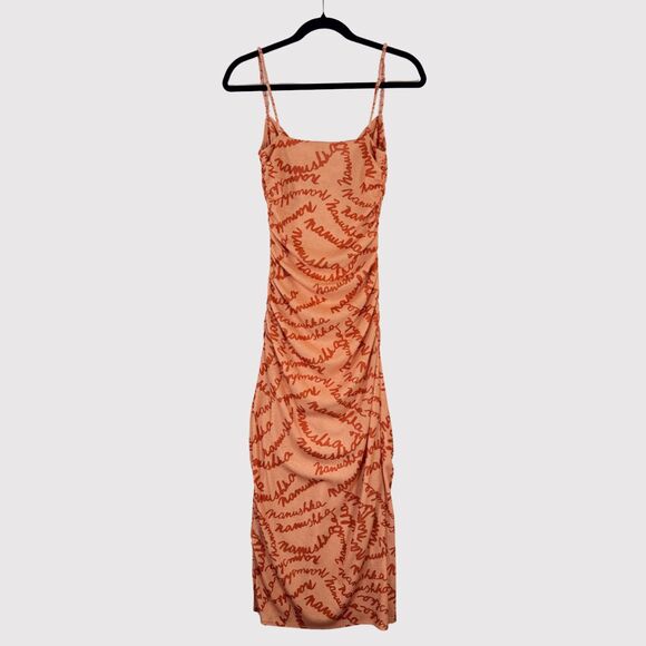 Nanushka Womens Dress Orange Alexa Scribble Logo Midi Bodycon Ruched Cami Small - Picture 3 of 12